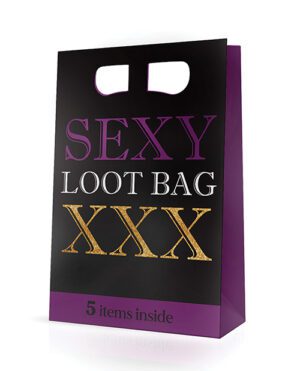 A black shopping bag with a glossy finish, featuring the words "SEXY LOOT BAG" in large purple letters and "XXX" in golden color below, with a note that says "5 items inside."