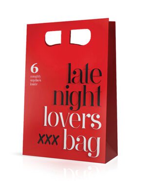 Red gift bag with cut-out handles, featuring the text "6 monthly surprises inside," "late night," "lovers bag," and "xxx" in varying fonts on the front.