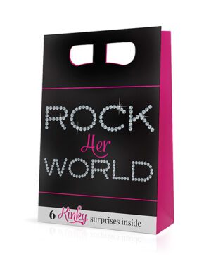 A black and pink gift bag with the text "ROCK Her WORLD" in rhinestone lettering and the additional text "6 Kinky surprises inside" on a white background.