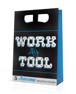 A black and blue shopping bag with cut-out handle stands upright featuring the phrase "WORK HIS TOOL" in stylized white and blue lettering with a tool motif, and a smaller text at the bottom that says "5 Awesome surprises inside".