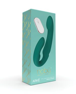 A product box for Nobu Arke strapless strap-on with a wireless remote, displayed against a white background.