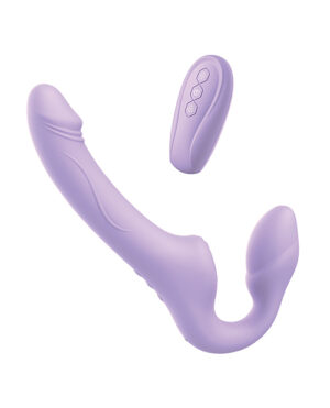 A lavender-colored vibrating dual-action massager set including a flexible main device and a remote control for customizable pleasure.