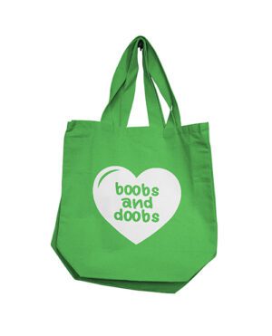 A vibrant green tote bag with the phrase "boobs and doobs" printed within a white heart shape.