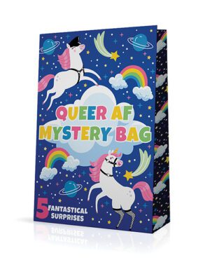 A colorful "QUEER AF MYSTERY BAG" with cartoon unicorns, rainbows, stars, and clouds against a night sky background, advertising "5 FANTASTICAL SURPRISES."