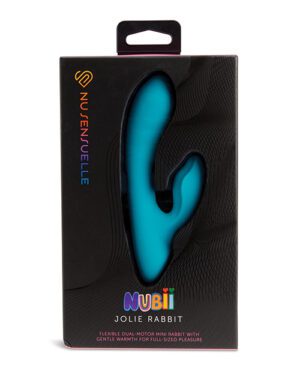 Alt text: A teal flexible dual motor mini rabbit vibrator named "Jolie Rabbit" is displayed in its packaging, which includes branding from "NUBiI" and "NUE NUELLE." The packaging boasts gentle warmth for full-sized pleasure.