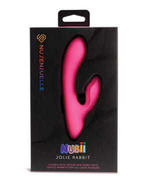 Packaging box of "NUBIi Jolie Rabbit", a pink flexible dual-motor mini rabbit massager with branding and product information on it.