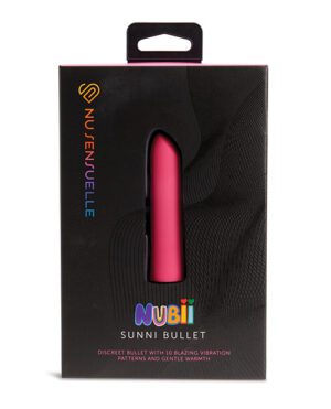 Product packaging for "NUBIi Sunni Bullet," a red personal massager displayed in a black box with text describing it as a discrete bullet with 10 vibration patterns and gentle warmth.