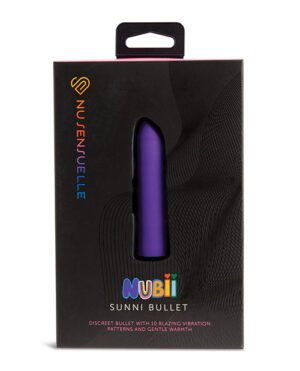 A product packaging for the "NUBii Sunni Bullet," a discreet bullet with 10 vibration patterns and gentle warmth, displayed against a black background with wave patterns. The device itself is purple and visible through a custom cutout in the package.