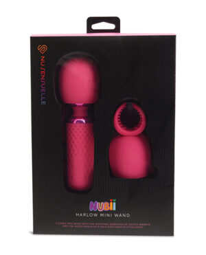 Packaging of a "NUBI Harlow Mini Wand" with a flexible mini wand and a male masturbation attachment, presented in a black and pink color scheme.