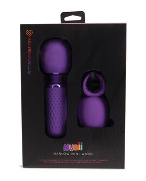 Packaging for a "Harlow Mini Wand" by NU Sensuelle, showcasing a purple flexible mini wand and a male masturbator attachment.