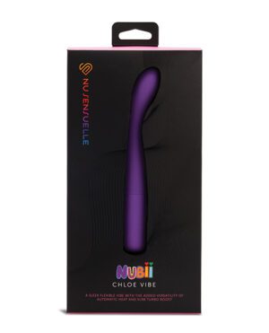 Product packaging for 'Nu Sensuelle Nubii Chloe Vibe', a sleek flexible vibrator with additional features, presented in a black and purple box with product branding and descriptors.