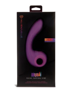 A purple adult pleasure device in its packaging, with brand and product feature descriptions.