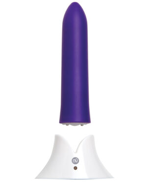 A sleek purple vibrator positioned above its white charging base, showcasing a modern design suitable for personal use.