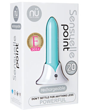 Packaging of the Sensuelle Point rechargeable vibrator, showcasing a sleek design and highlighting its 20 functions and 2014 award recognition.