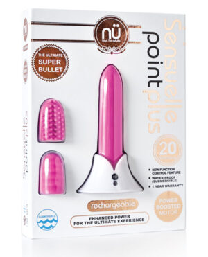 A sleek pink vibrator packaging featuring a rechargeable design, various functions, and waterproof capabilities for enhanced pleasure.