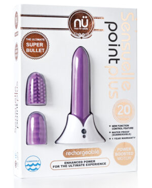 Packaging for the Sensuelle Point Plus, a rechargeable vibrator with multiple functions and enhanced power.