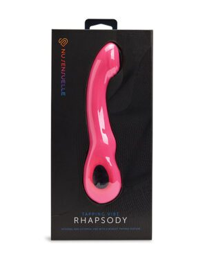Product packaging displaying a pink curved device labeled as "Tapping Vibe Rhapsody" with internal and external uses, inside a black box with the brand name "Nu Sensuelle".