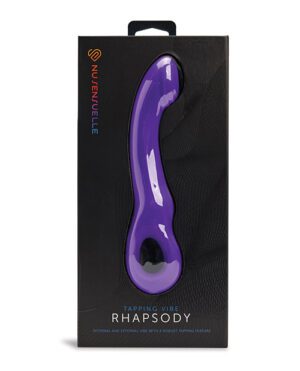 A purple adult toy is displayed in packaging with the title "Tapping Vibe RHAPSODY" and the text "Internal and external vibe with a robust tapping feature." The brand "NU Sensuelle" is visible at the top.