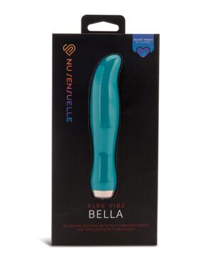 A teal-colored Nu Sensuelle Bella vibrator displayed in its black packaging box.