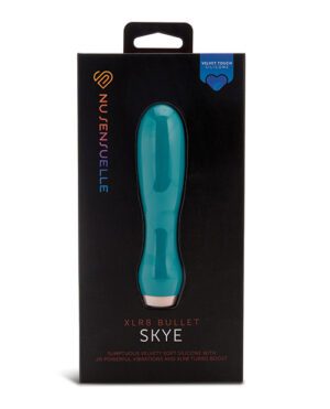 A teal personal massager presented in a sleek black package with product details.