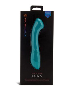 A turquoise vibrator named "LUNA" displayed in a vertical black package with product information.