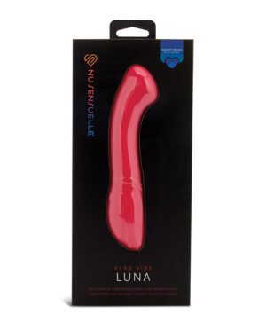 A red adult vibrator displayed in a black packaging with brand and product name.