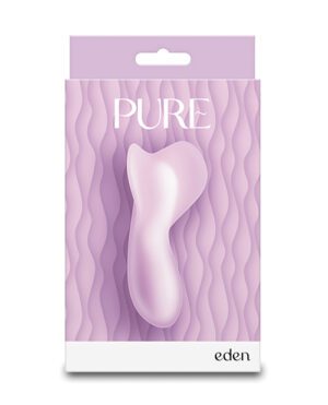 The image shows a product packaging with a purple background and a wavy pattern. The package is labeled "PURE" at the top and "eden" at the bottom. In the center is an illustration of a light purple, abstract curvy object.