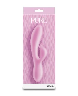 Product packaging for a pink personal massager named "PURE", by dawn, displayed against a wavy pink background.