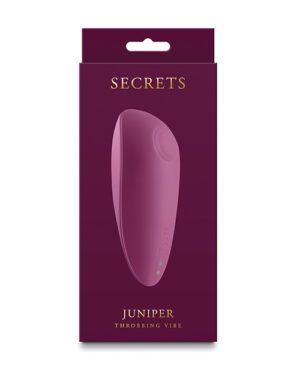 This image displays a product packaging for "SECRETS JUNIPER Throbbing Vibe," which appears to be a personal massager. The packaging is primarily dark purple with a product image at the center.