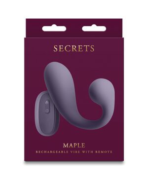 Alt text: Packaging for a "SECRETS MAPLE Rechargeable Vibe with Remote," featuring an image of a curved device and a remote control against a dark purple background.