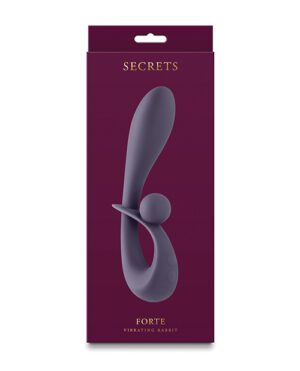 Product packaging for "SECRETS FORTE Vibrating Rabbit" with an illustration of the product on a burgundy background.