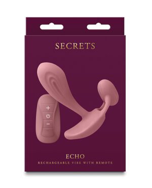 A product packaging for "SECRETS ECHO Rechargeable Vibe with Remote" featuring an image of a pale pink personal massager and a remote control.