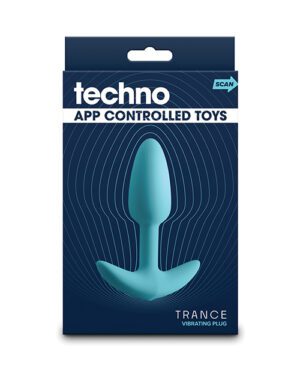 Packaging of a Techno brand app-controlled vibrating plug, featuring product image and branding on a blue background.