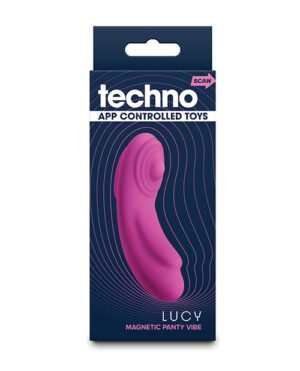 Product packaging for "Techno" brand app-controlled toy named Lucy with a magnetic panty vibe feature.