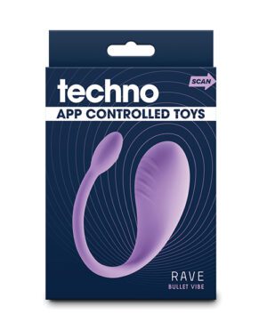 Product packaging for a Techno app-controlled vibrator called Rave Bullet Vibe with a prominent product image and branding.