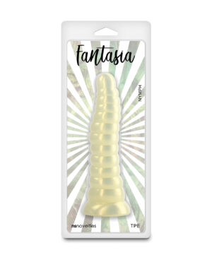 Fantasias Nymph Toy::A stylized image of a transparent, spiral-shaped toy packaged in a vibrant card with a sunburst design and the label "Fantasias" prominently displayed.