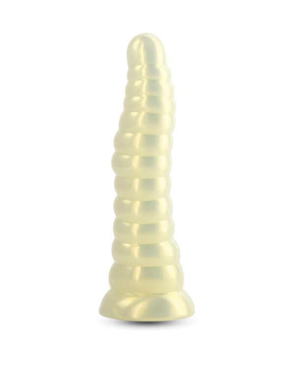 A smooth, spiral-shaped silicone dildo with a glossy finish, designed for pleasure and exploration.