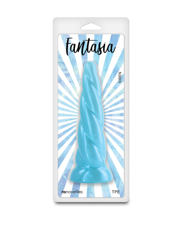 A blue, spiral-shaped adult toy packaged with a sunburst design background, labeled "Fantasias" and "Siren."