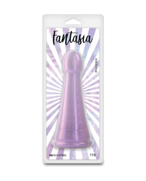 A purple adult toy packaged in a vibrant design with a starburst background, showcasing its smooth contours and tapered shape.