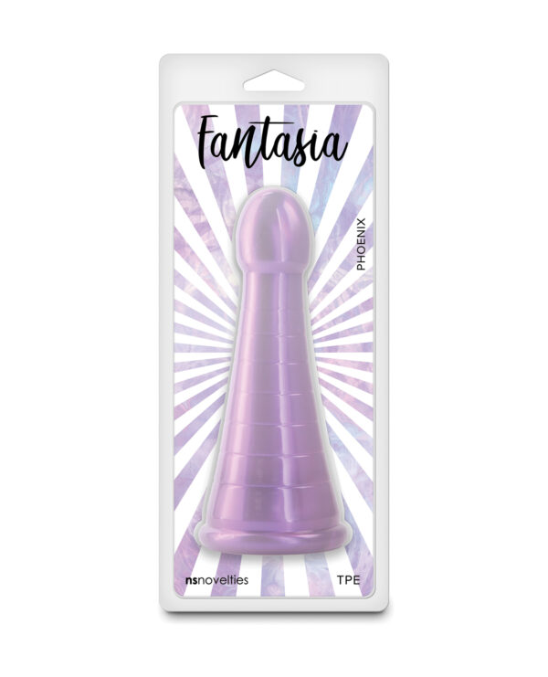 A purple adult toy packaged in a vibrant design with a starburst background, showcasing its smooth contours and tapered shape.