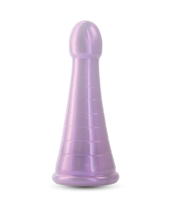 A smooth and shiny purple silicone toy with a tapered design and ridges along the body.