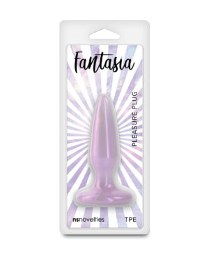 A purple pleasure plug in a protective package with a vibrant design, labeled "Fantasia" and showcasing the brand nsnovelties.