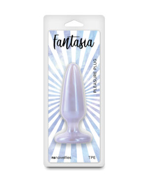 A sleek and shiny pleasure plug in a pearl-like finish, displayed in packaging with radiating blue and white stripes.