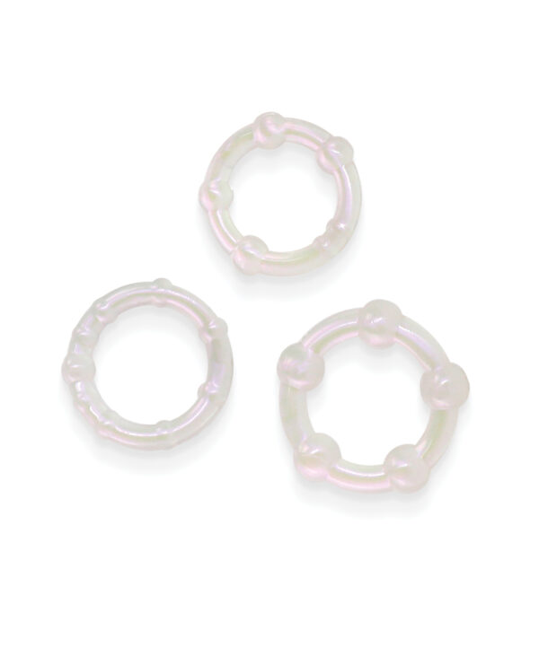 Three translucent, pearl-colored resin rings with rounded beads, displayed against a white background.