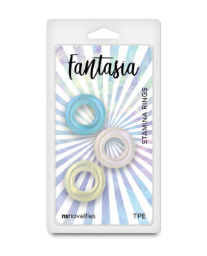 A package featuring three colorful stamina rings in blue, pale pink, and yellow against a sunburst background, labeled "Fantasia" and "nsnovelties."