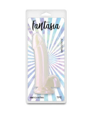 A sleek, iridescent 5-inch dildo displayed in its packaging, featuring a smooth design and a sturdy base.