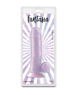 A purple dildo with a suction base displayed in a colorful packaging with a sunburst design.