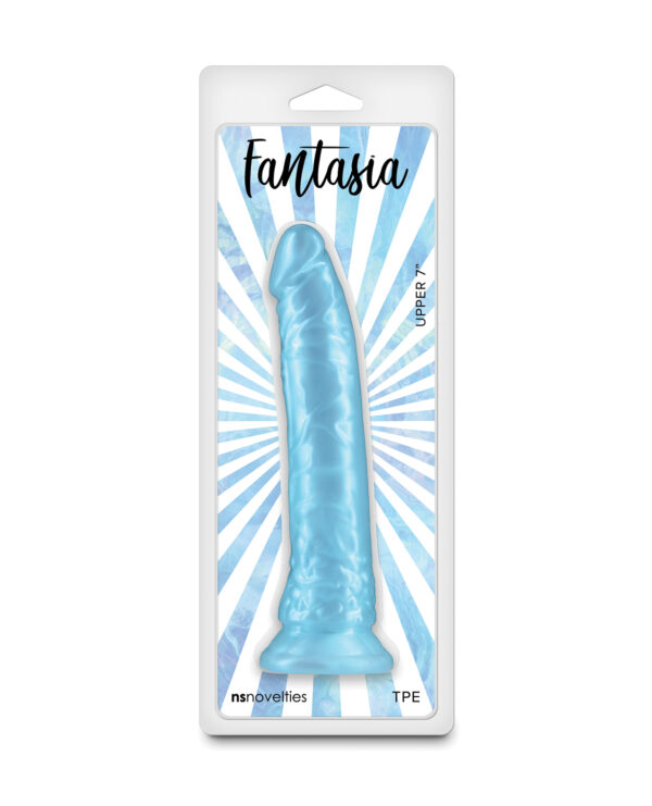 A light blue, realistic dildo packaged with radiant blue and white starburst design, labeled "Fantasia" by NS Novelties.