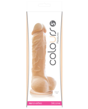 Silicone dildo displayed in packaging, showcasing its realistic design and texture.