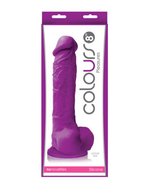 A boxed silicone dildo in vibrant purple, showcasing the actual size with branding for Colours Pleasures.